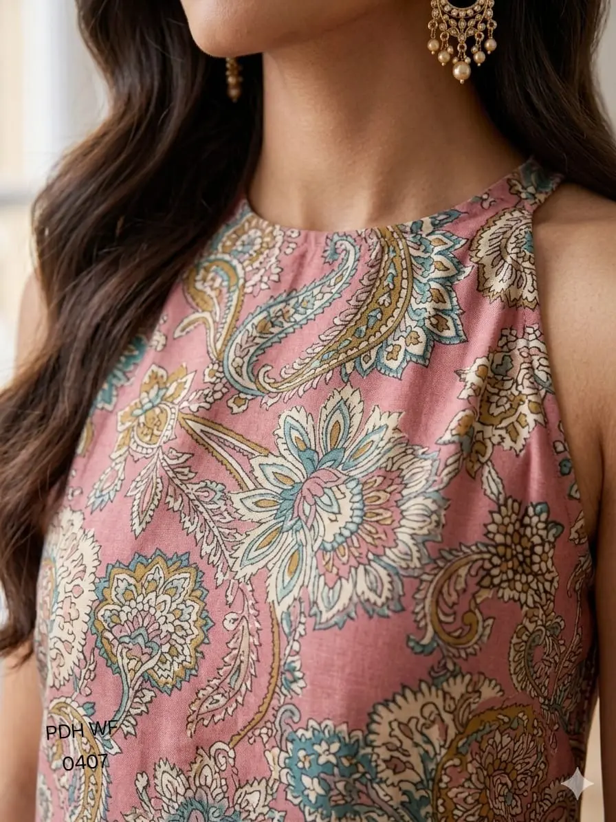Dusty Rose Paisley Printed Sleeveless Cotton Co-Ord Set